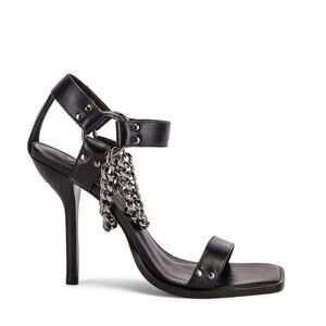 Dundas Coco Chain Heels Black Leather Sandals Harness Sz 7.5 Square Toe